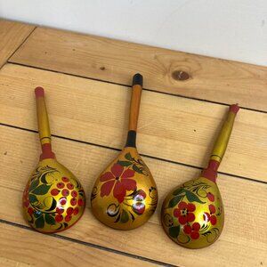 Russian Khokhloma Wooden Lacquer Scoop Spoons Hand Painted Folk Art Set of 3